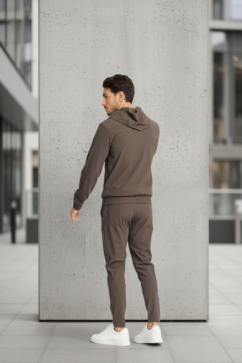 Bruin pak achterkant met stedelijke achtergrond