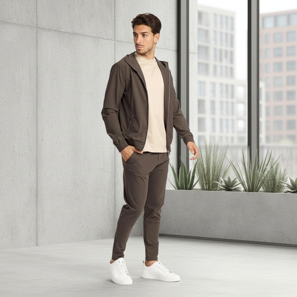 Bruin pak voorkant met stedelijke achtergrond