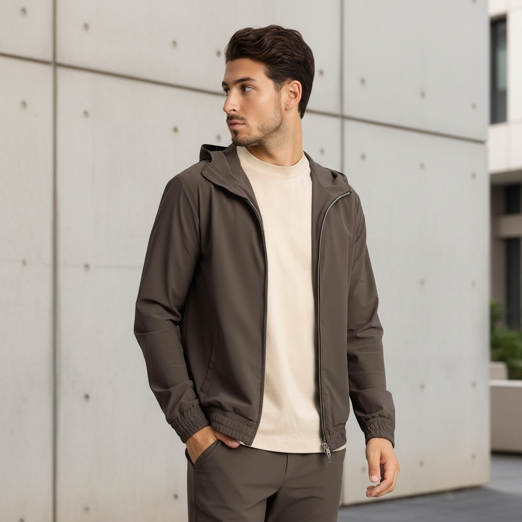 Bruin pak zijkant met stedelijke achtergrond