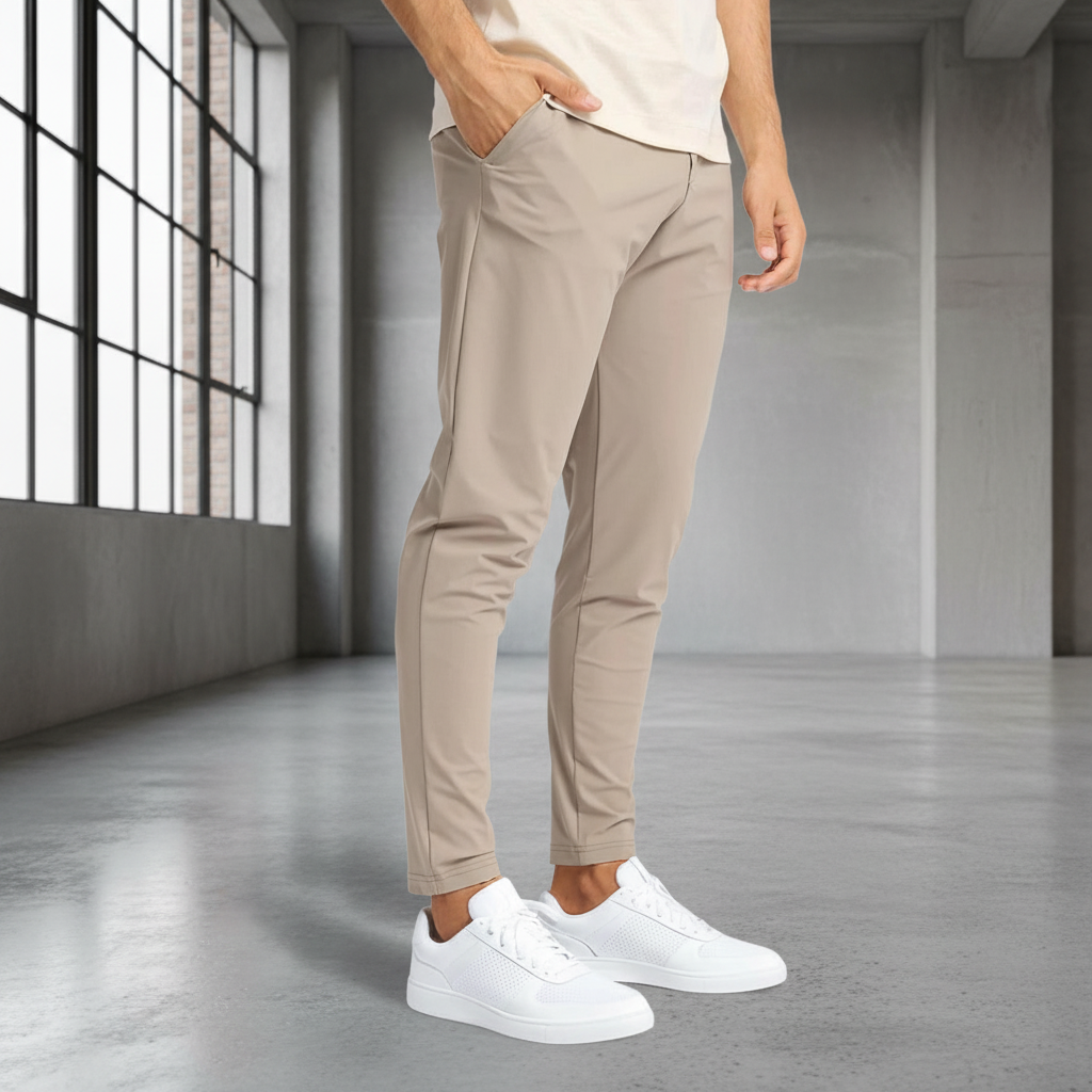 Realistische detailfoto beige broek met urban achtergrond
