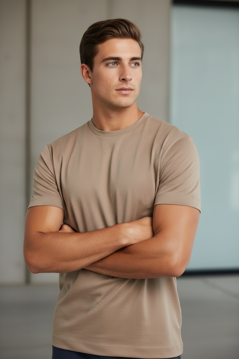 Taupe t-shirt different pose