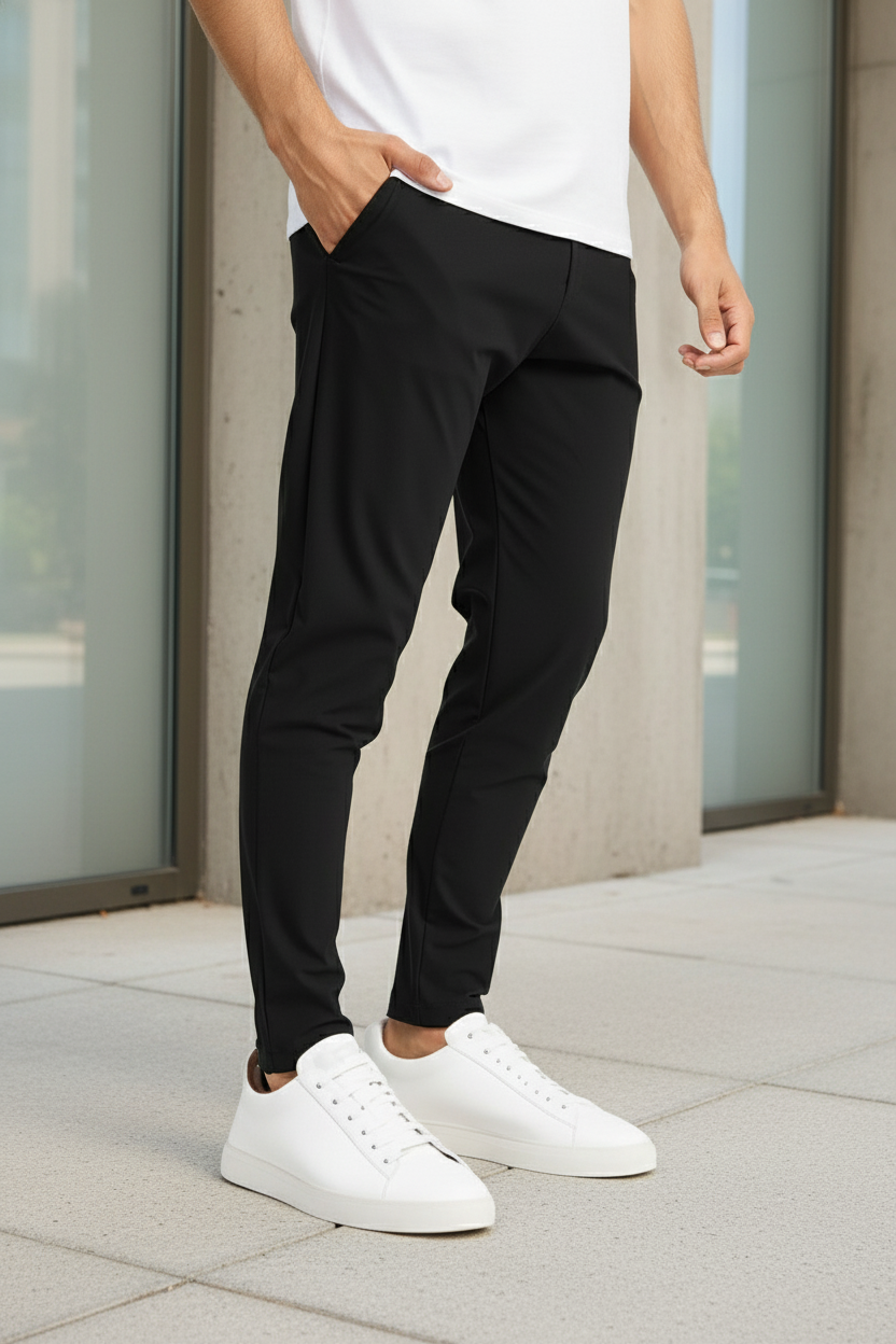 Zwarte broek met stedelijke achtergrond